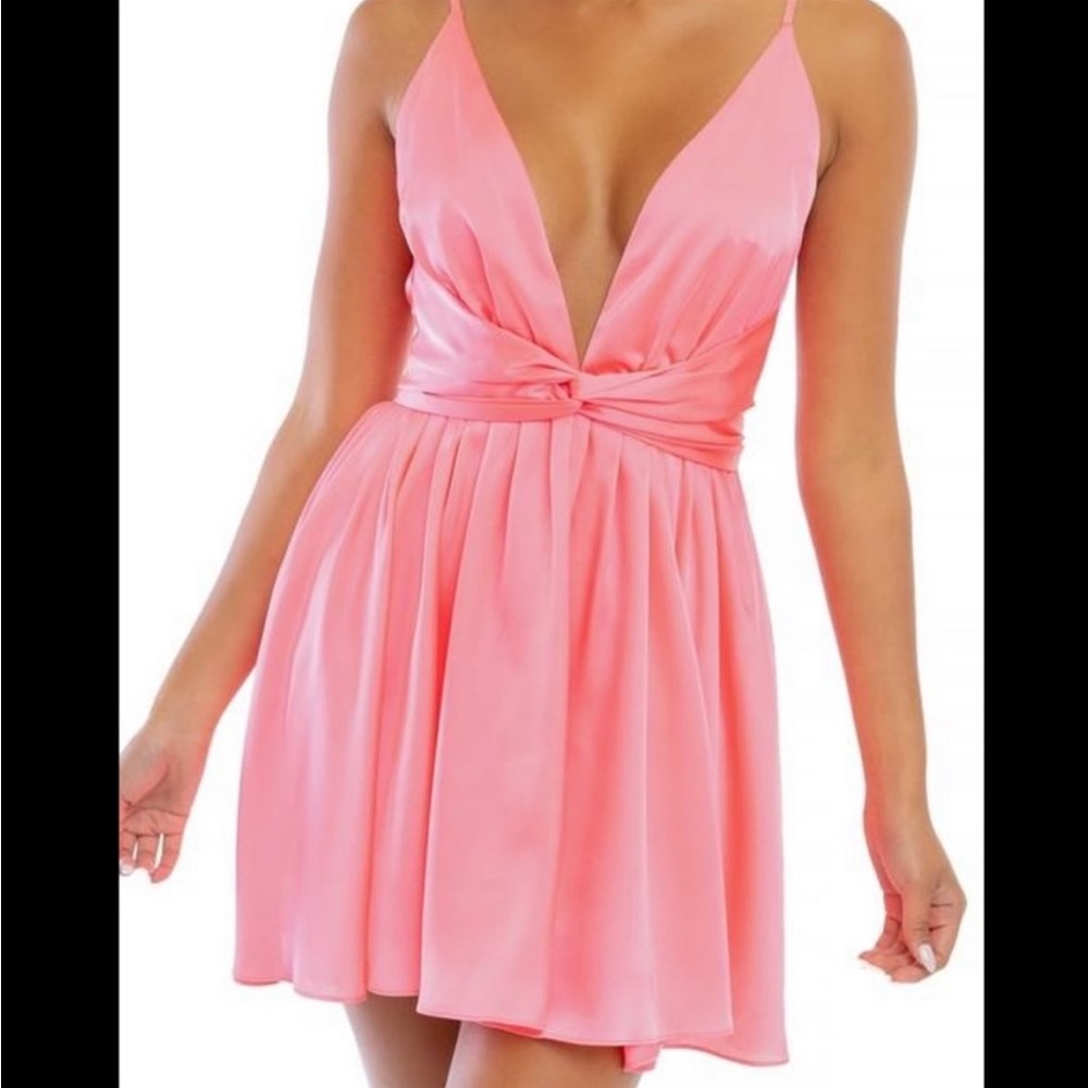 LUXXEL plunging skater satin mini dress hot neon pink size medium